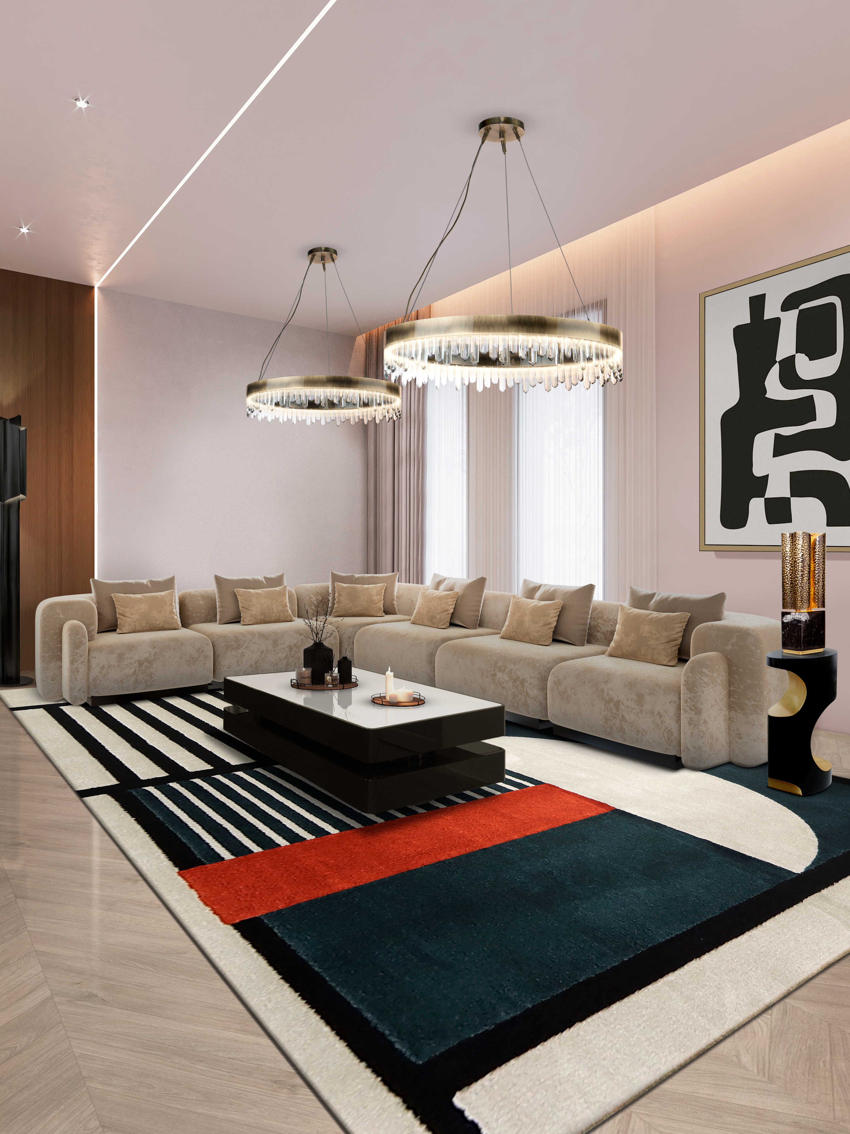 A Living Room Retreat with the geometric Prisma I&nbsp;Rug by Rug'Society