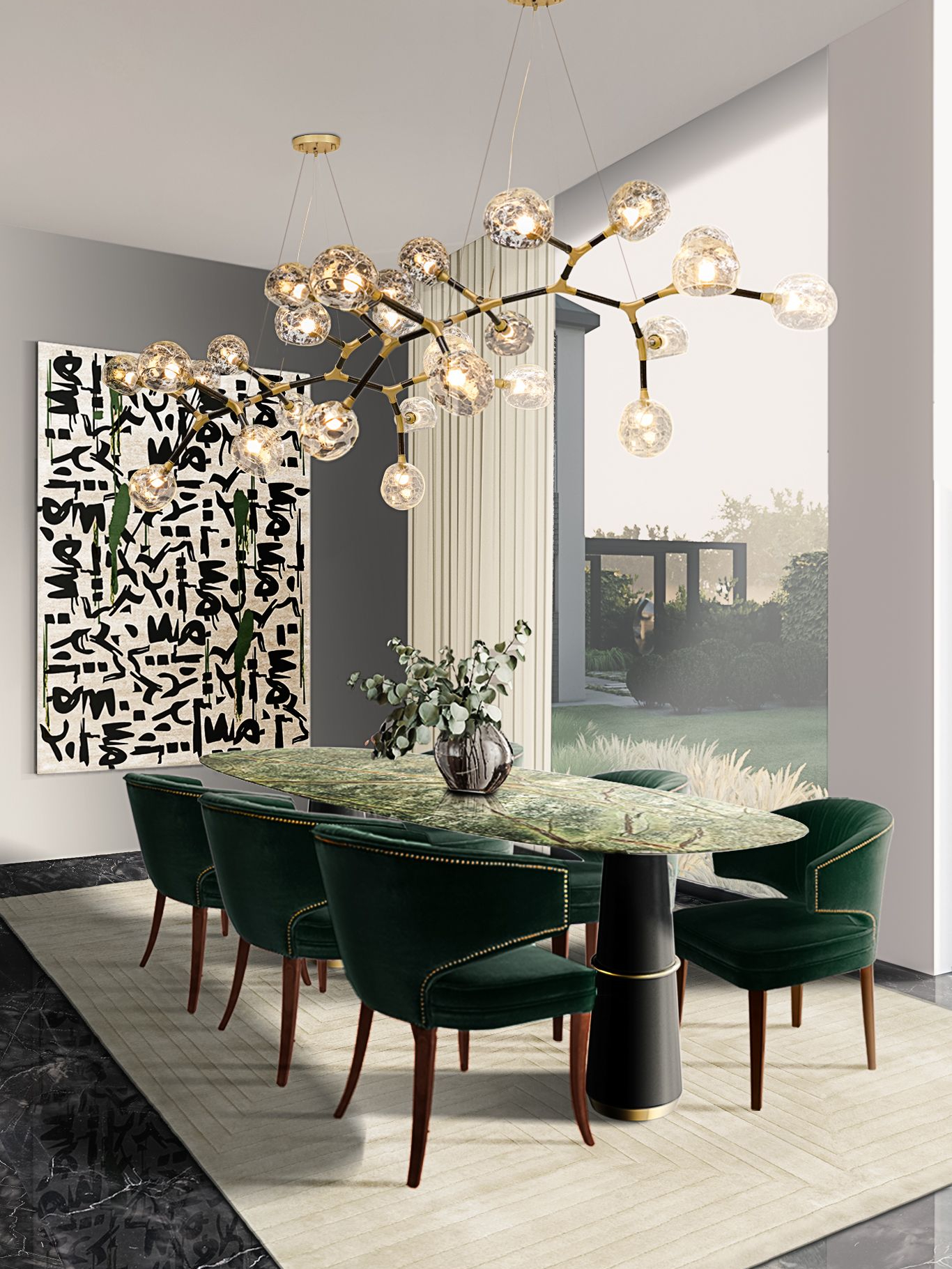 Balanced Dining Room with Neutral White Garden Rug and Inkaholic&nbsp;Rug by Rug'Society