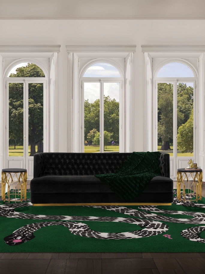 Beautiful Living Room With Snake Botanical Rug - Rug'Society