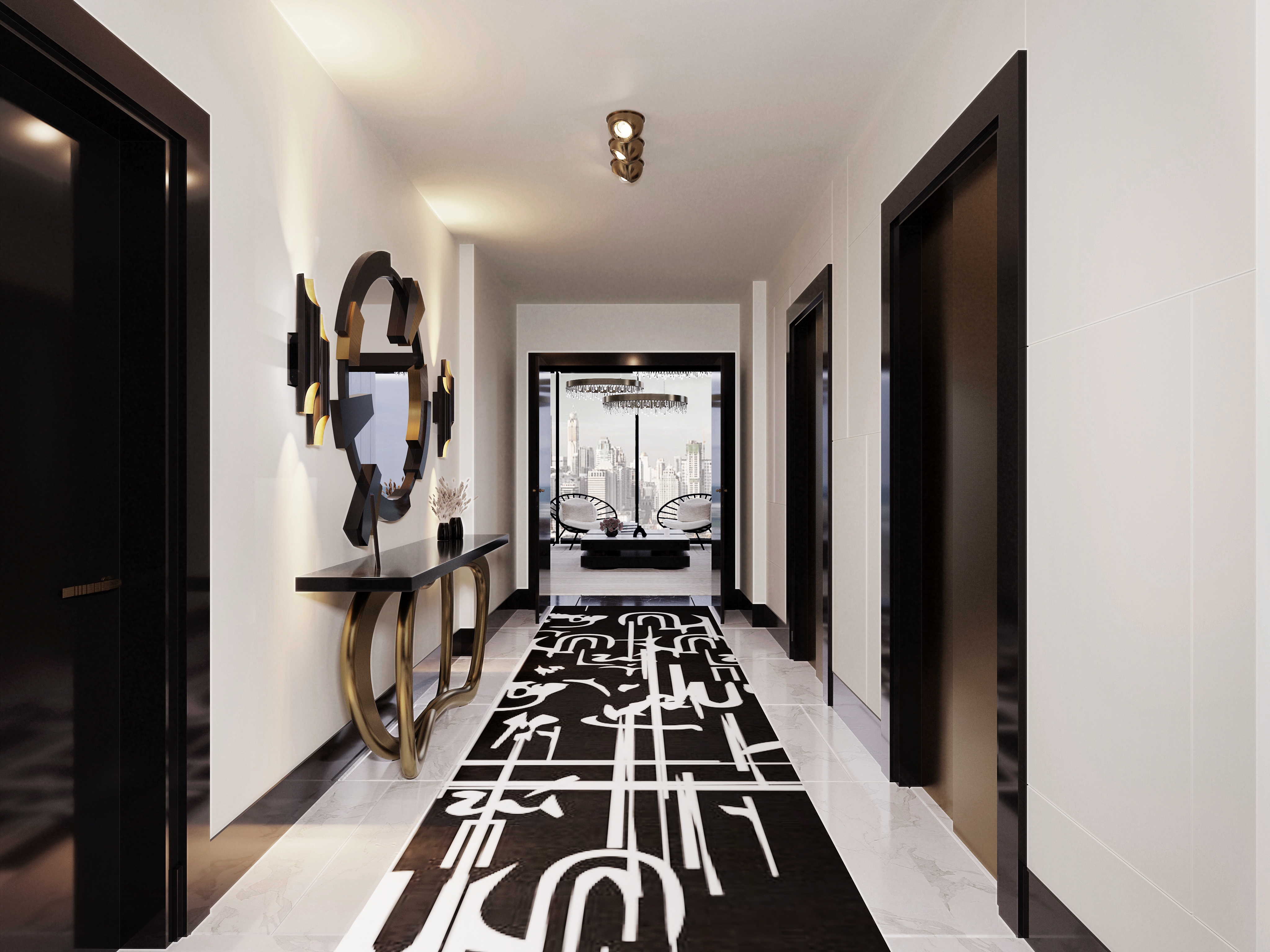 Black and white Hallway with the modern abstract Blanc Ink&nbsp;rug by Rug'Society