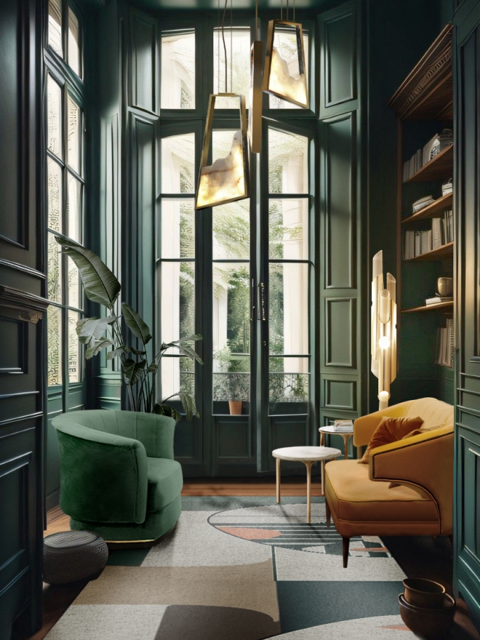 CONTEMPORARY READING CORNER WITH GREEN HUES AND THE UNIQUE OSCAR II&nbsp;RUG by Rug'Society