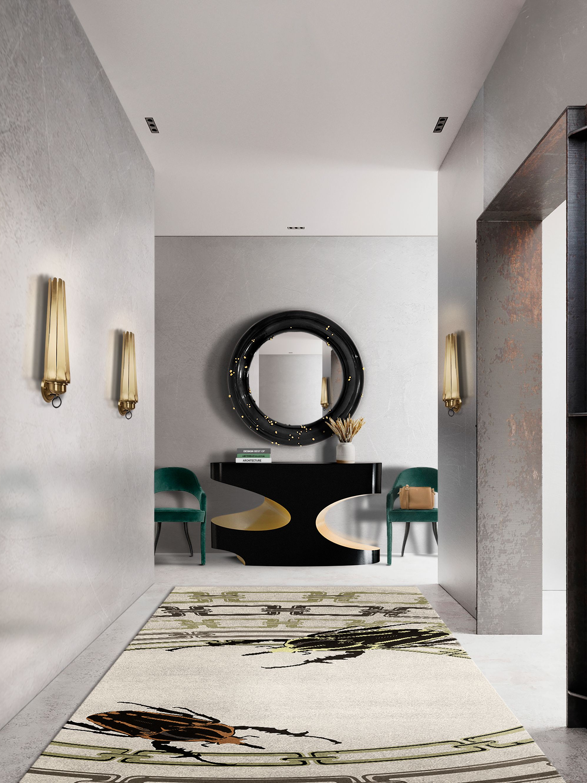 Dark and Golden Entryway with Neutral Tonality Showcasing the Golden Bugs&nbsp;Rug by Rug'Society