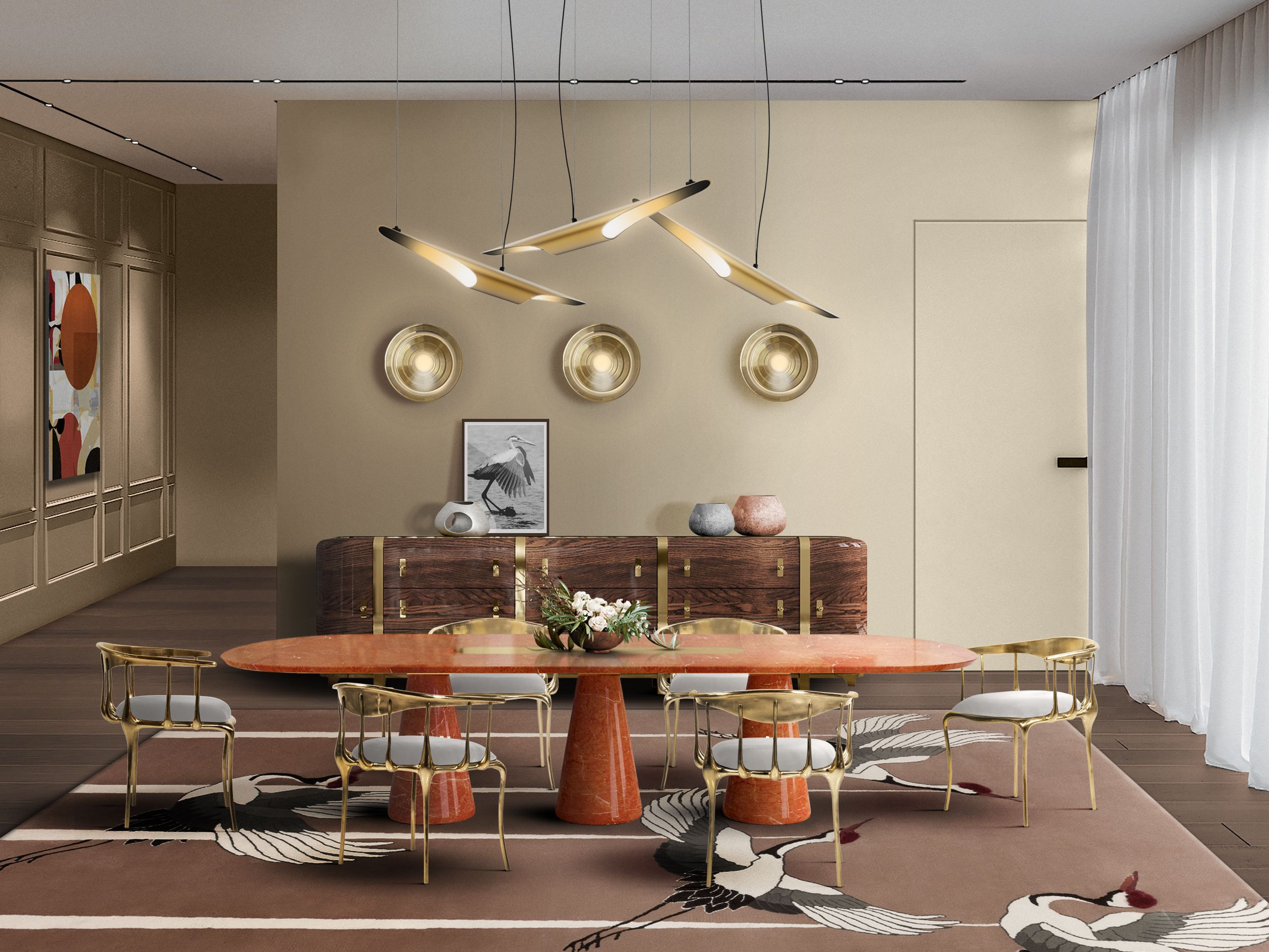 Eclectic Dining Room Ambiance with Splashes of Gold and Heron&nbsp;Rug by Rug'Society