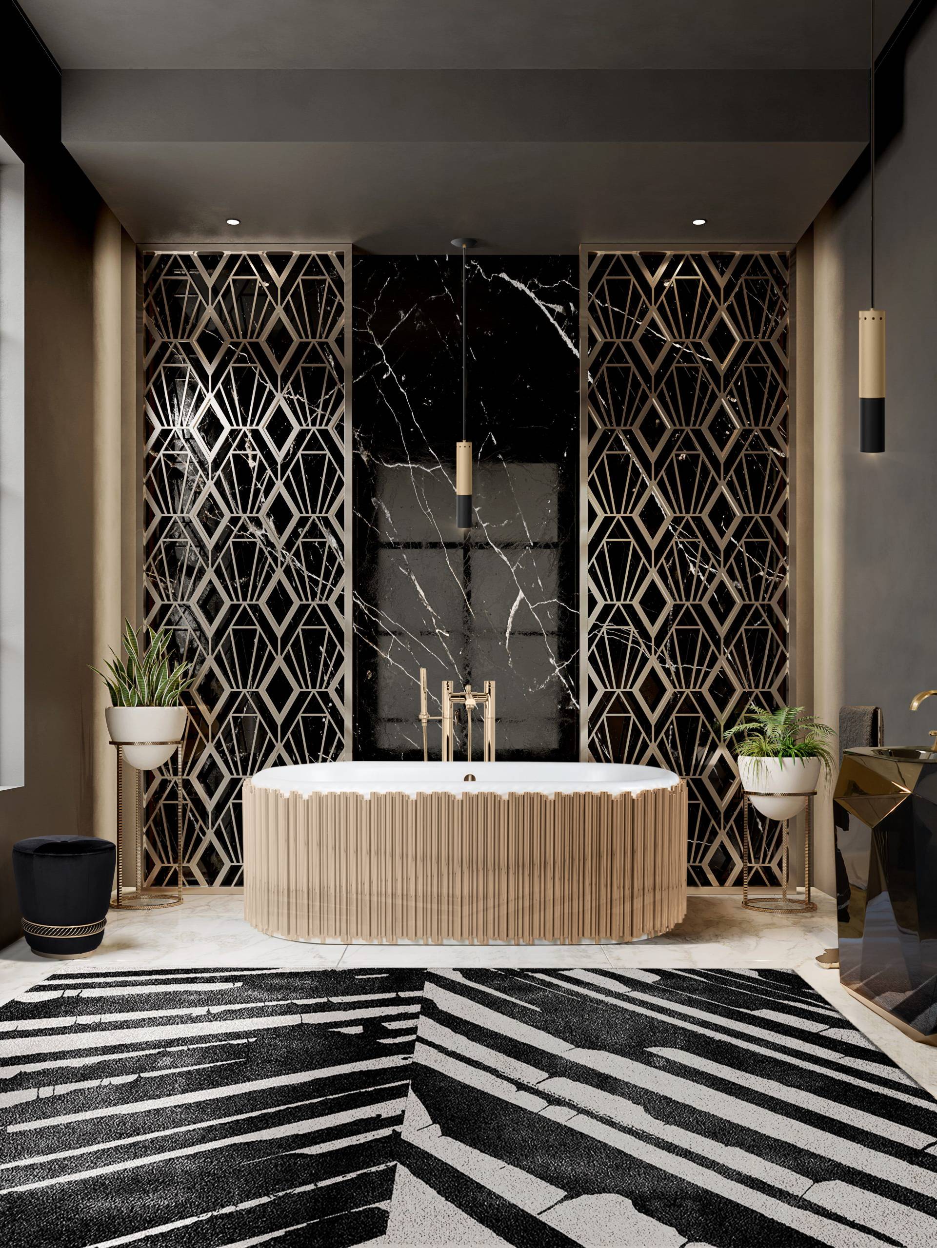 ELEGANCE AND OPULENCE CONVERGE IN THIS EXQUISITE BATHROOM OASIS WITH THE PALM&nbsp;RUG by Rug'Society