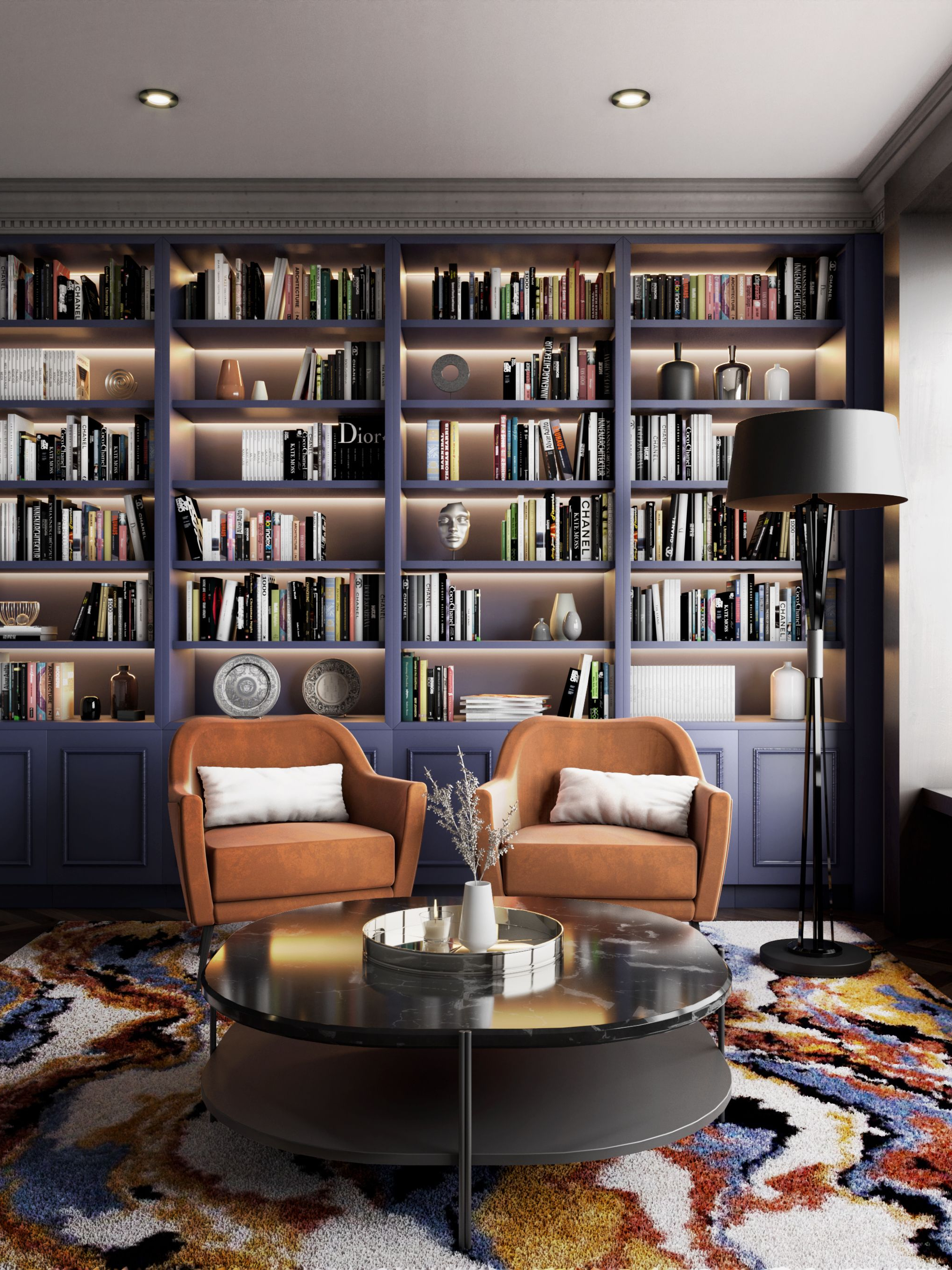 Home Library With Orange Details by The La Land Rug&nbsp;Design by Rug'Society