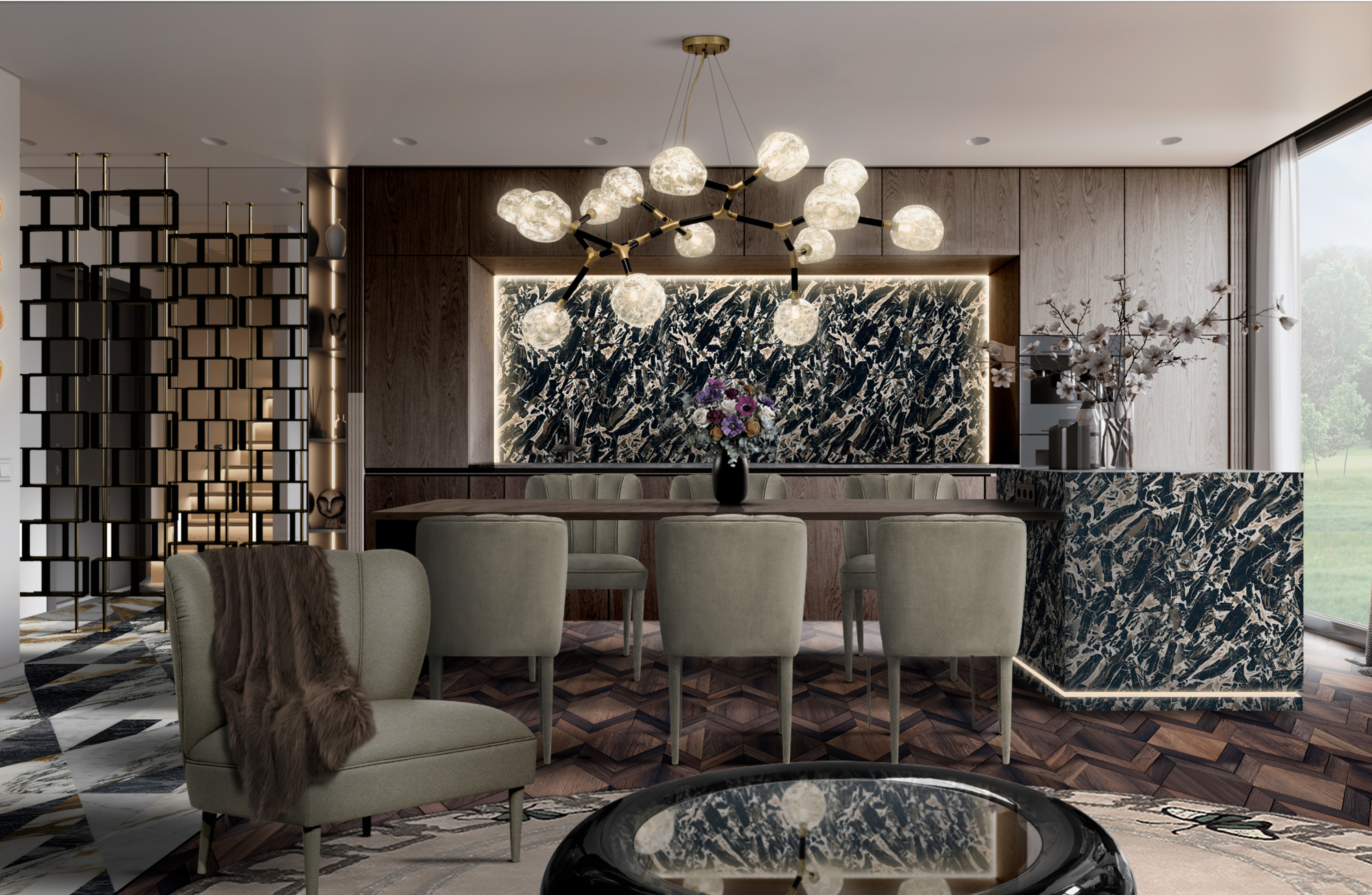 Luxurious and contemporary dining room design with Metamorphosis&nbsp;rug by Rug'Society