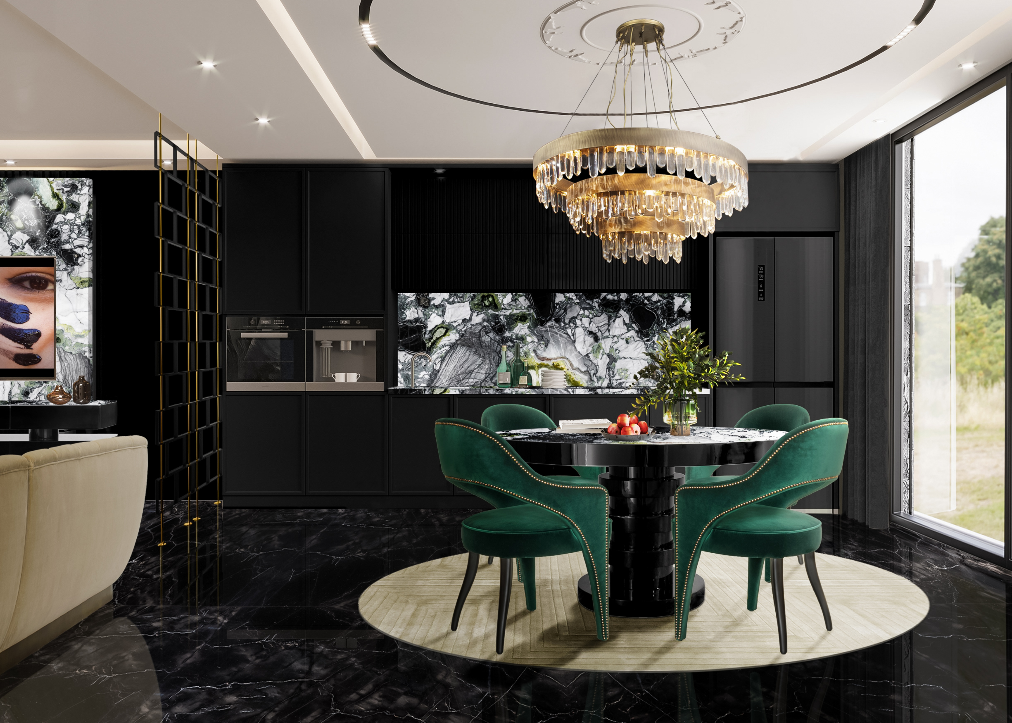 Luxurious dining room space with the White Garden&nbsp;rug by Rug'Society