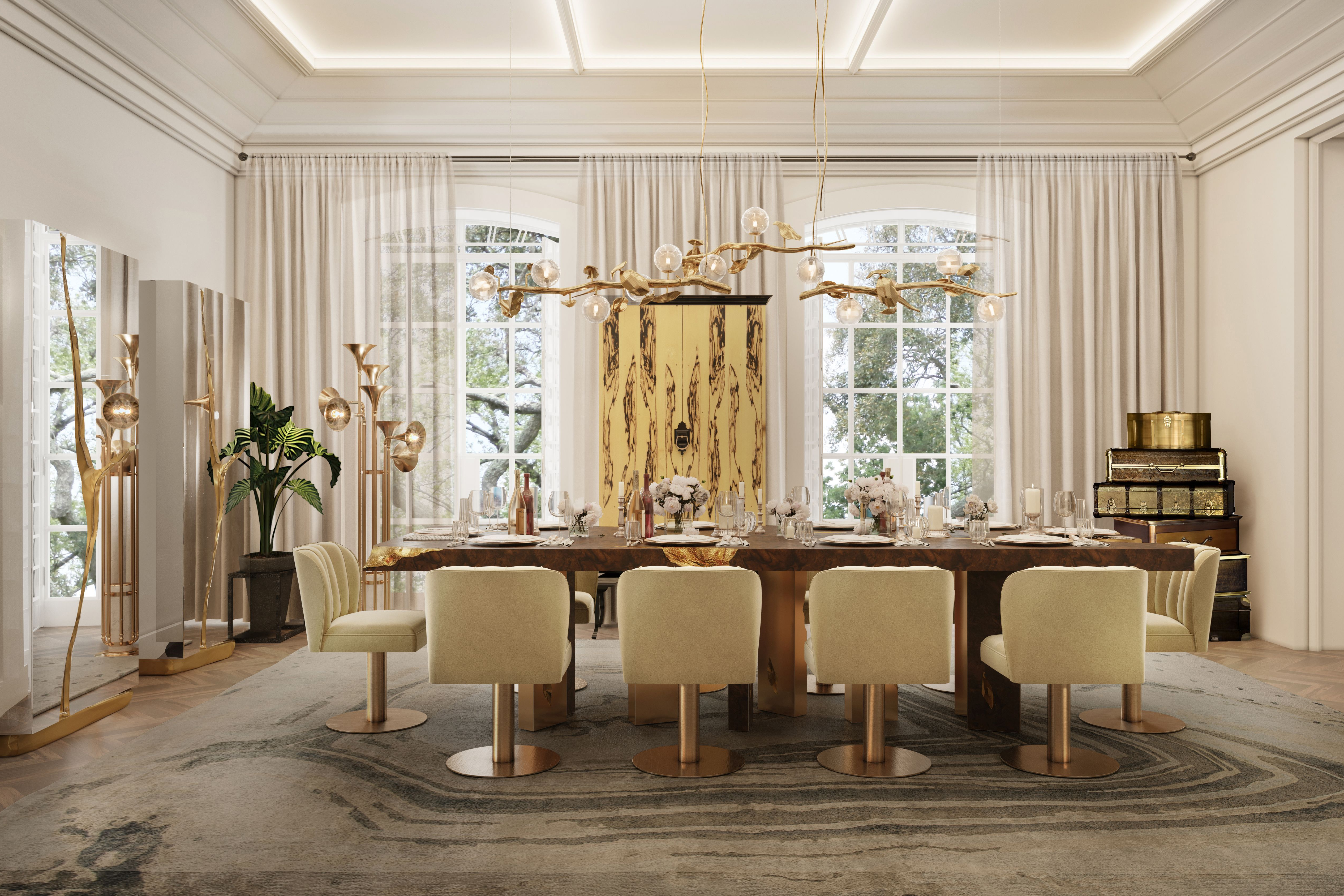 Luxurious Dining Room With Agatha Botanical&nbsp;Rug by Rug'Society