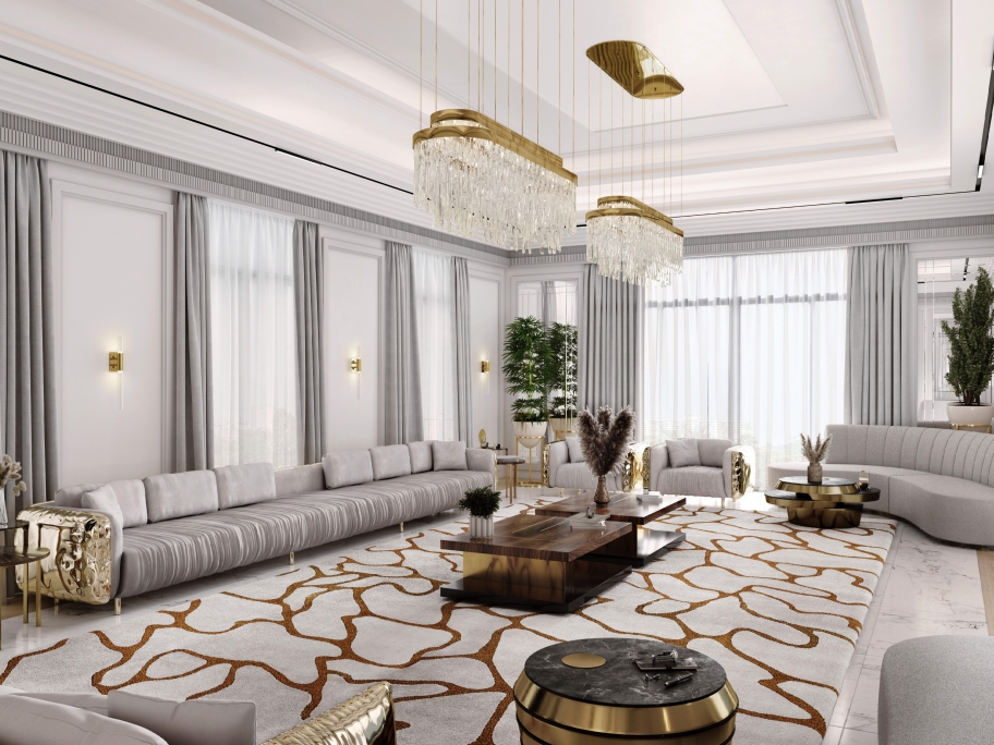 Luxury Living Room in White and Gold Tones With Cell&nbsp;Rug by Rug'Society