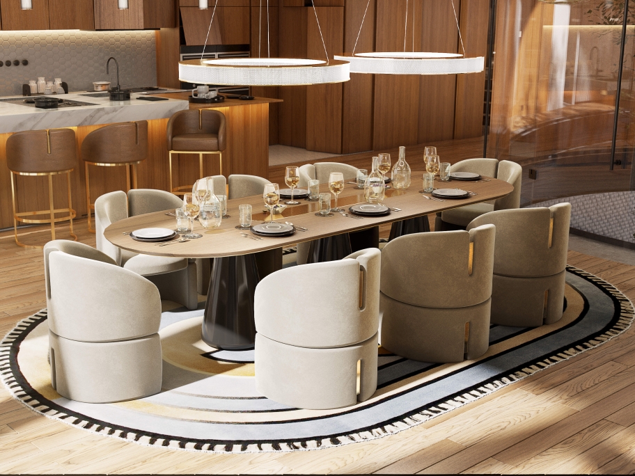 Mid-Century Sophisticated Dining Room With Kleopatra&nbsp;Rug by Rug'Society