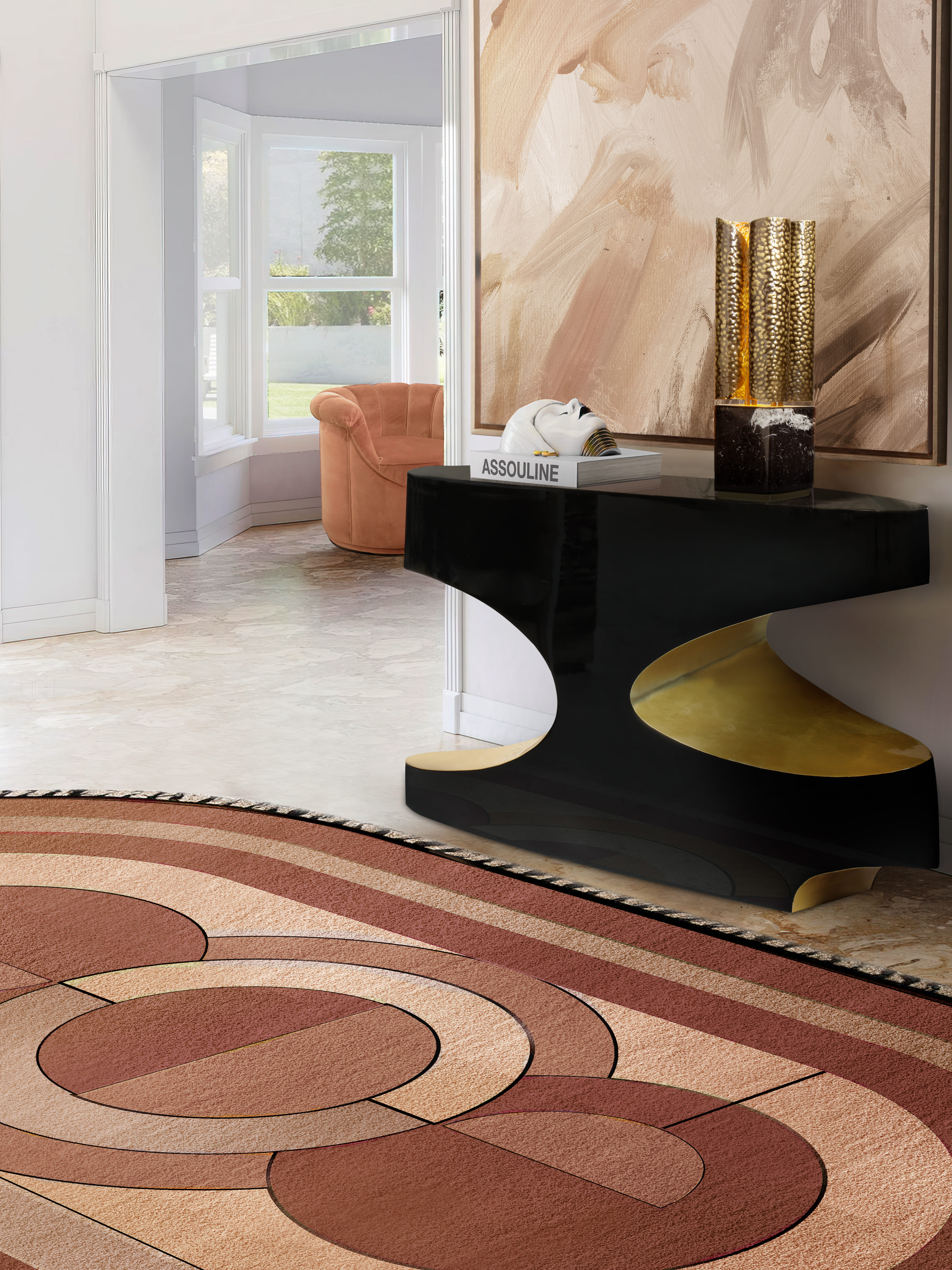 MODERN HALLWAY WITH THE KLEOPATRA RUG INSPIRED BY the Pantone Color of the Year - PEACH&nbsp;FUZ by Rug'Society