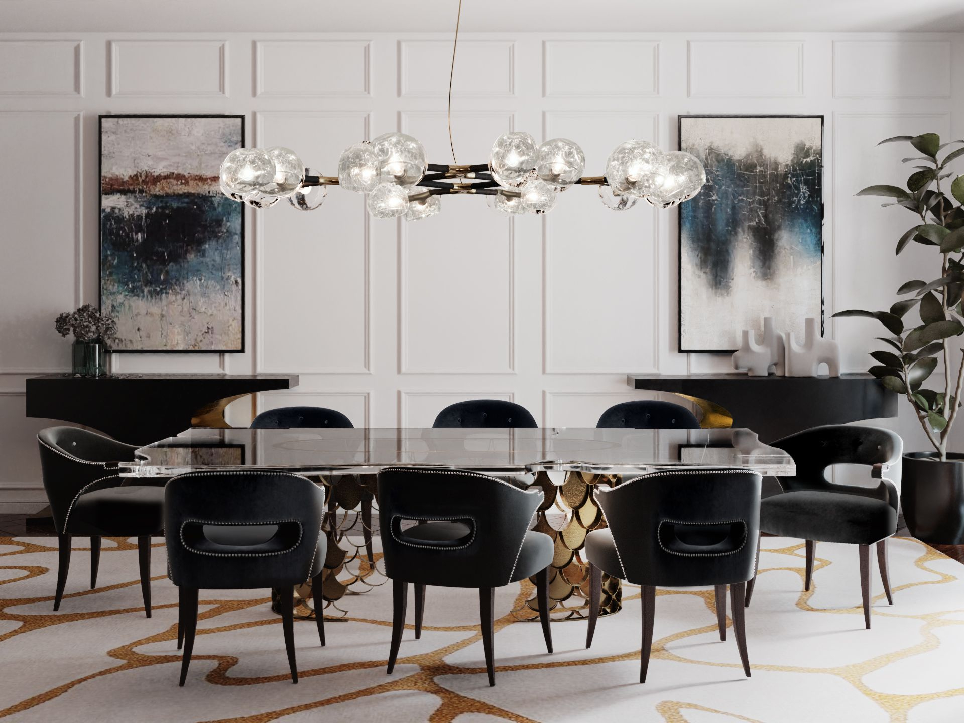 Neutral and Classic Dining Room with the Cell&nbsp;Rug by Rug'Society