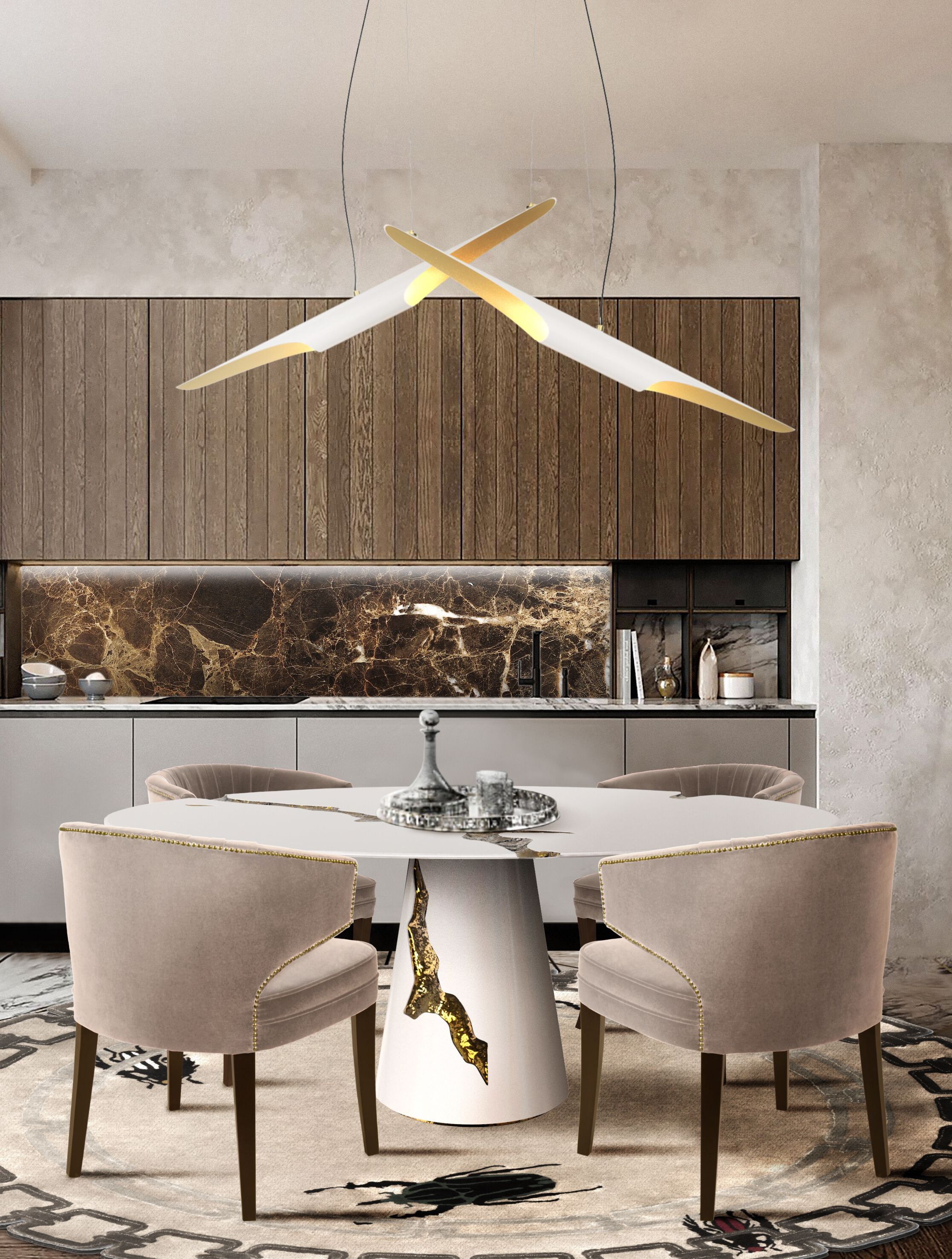 Neutral Dining Room With Golden Bugs&nbsp;Rug by Rug'Society