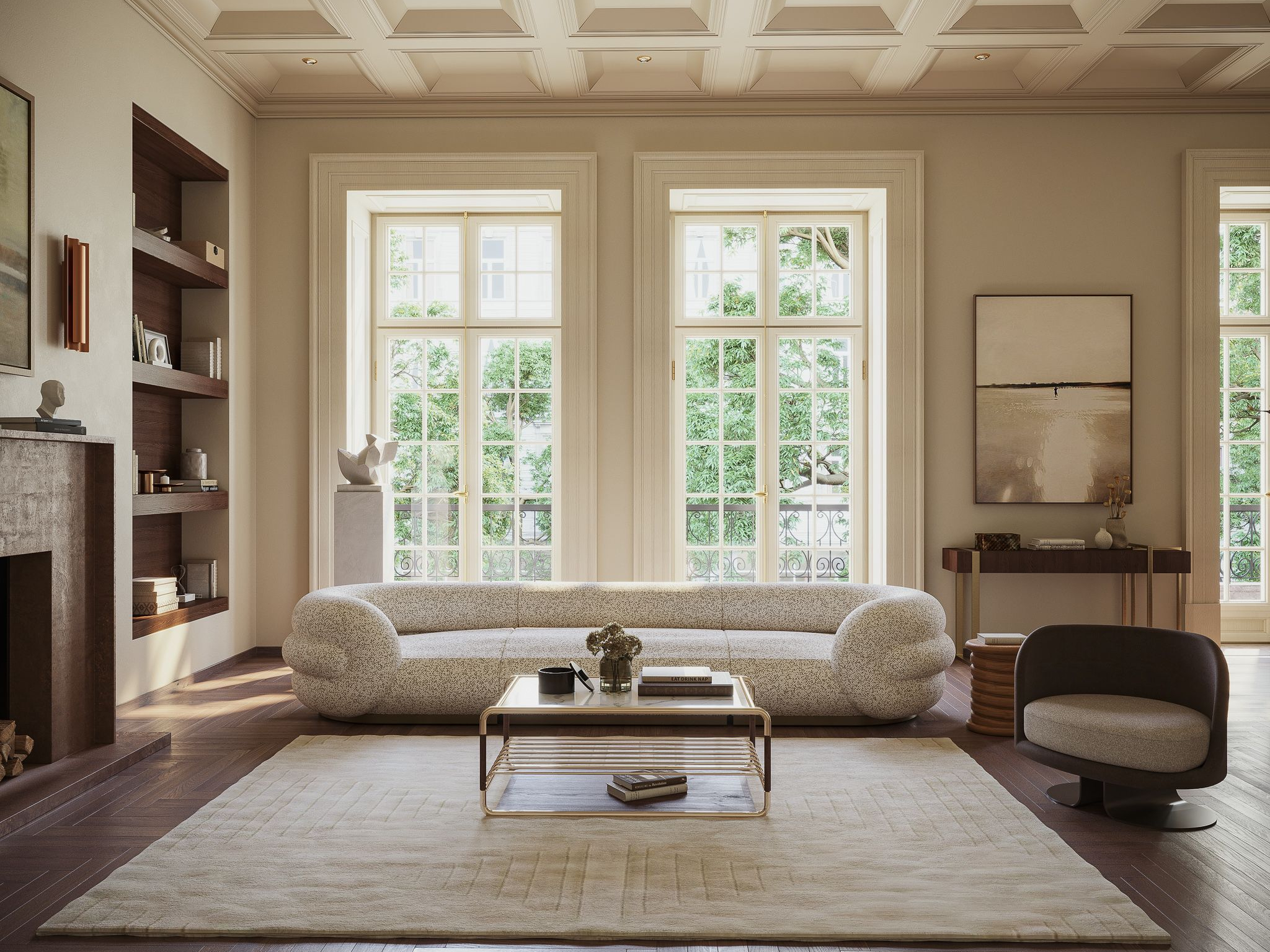 Neutral Living Room With Mid-Century Style Design and White Garden Area&nbsp;Rug by Rug'Society