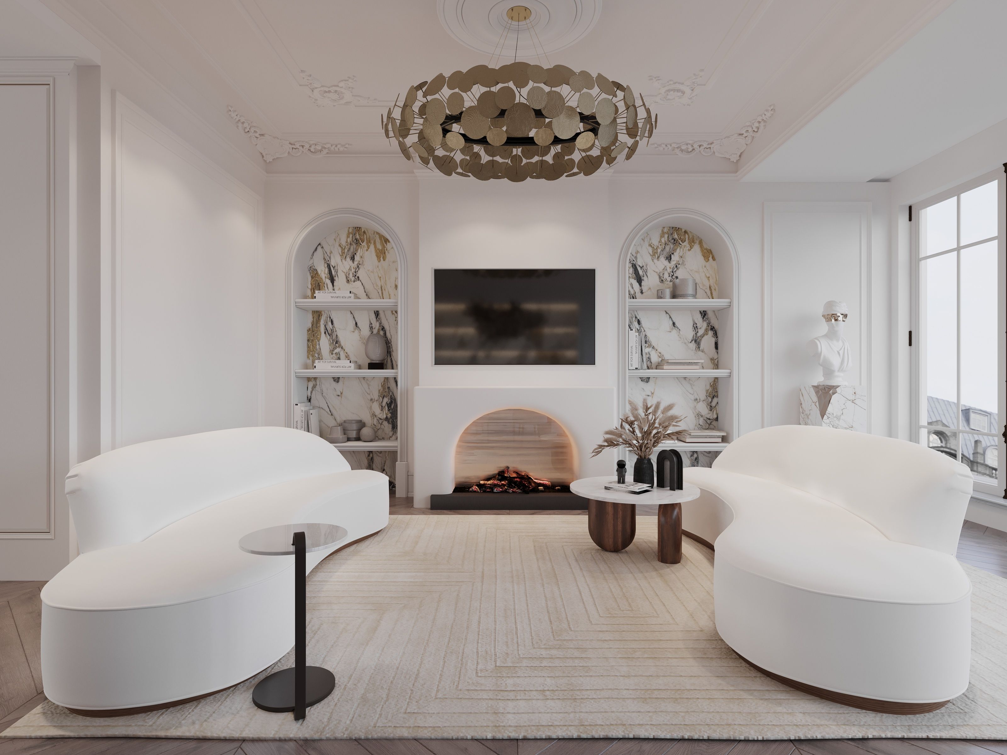Neutral Modern Living Room With White Garden Square&nbsp;Rug by Rug'Society
