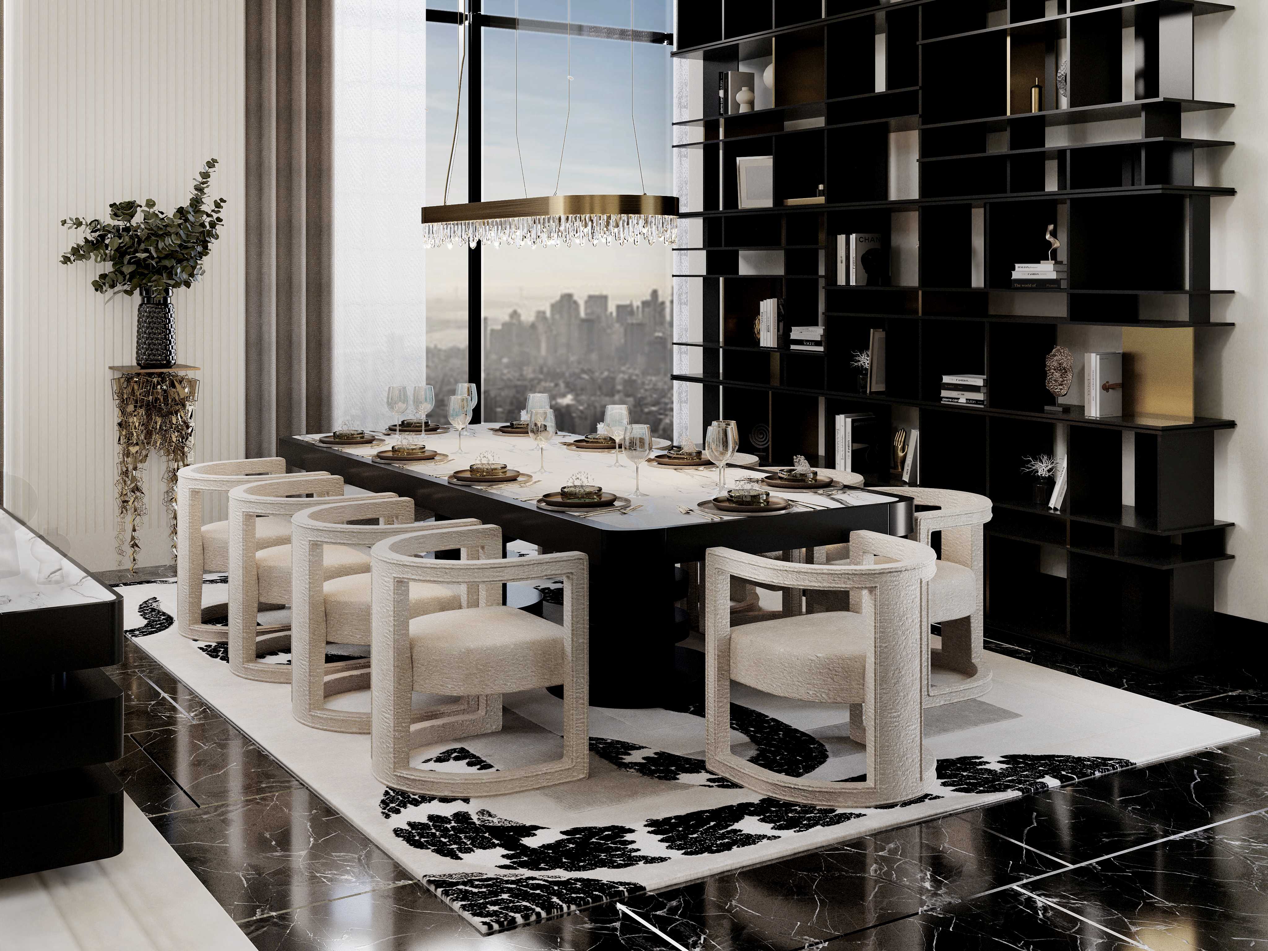 Neutral toned Dining room showcasing the Imperial Snake&nbsp;Rug by Rug'Society