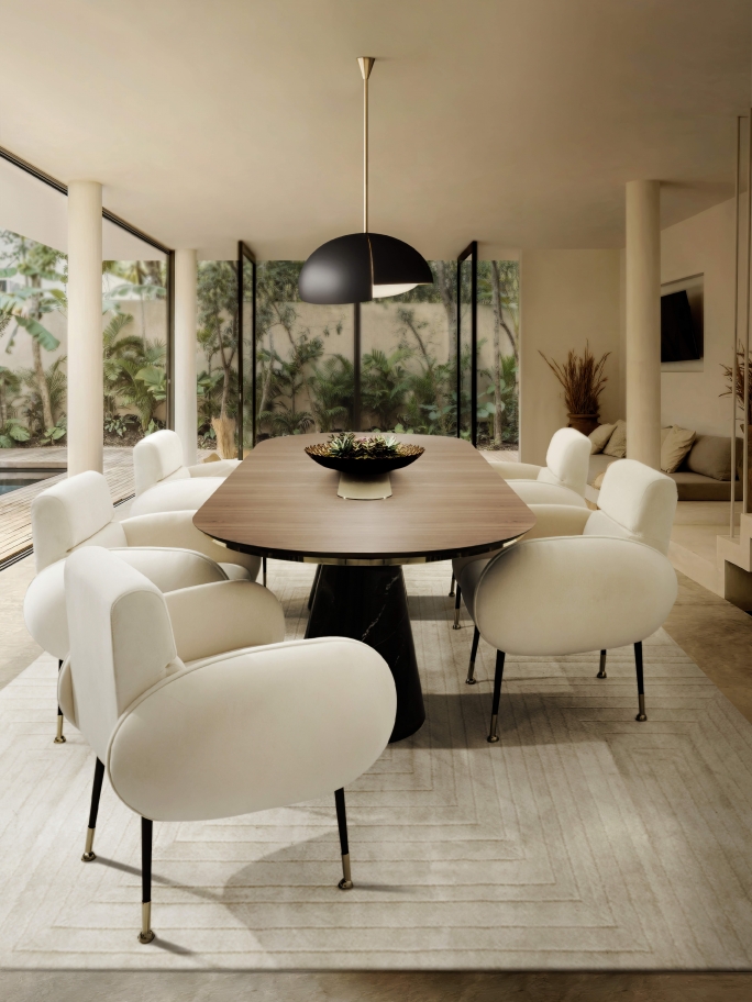 Serene Mid-Century Dining Room With White Garden&nbsp;Rug by Rug'Society