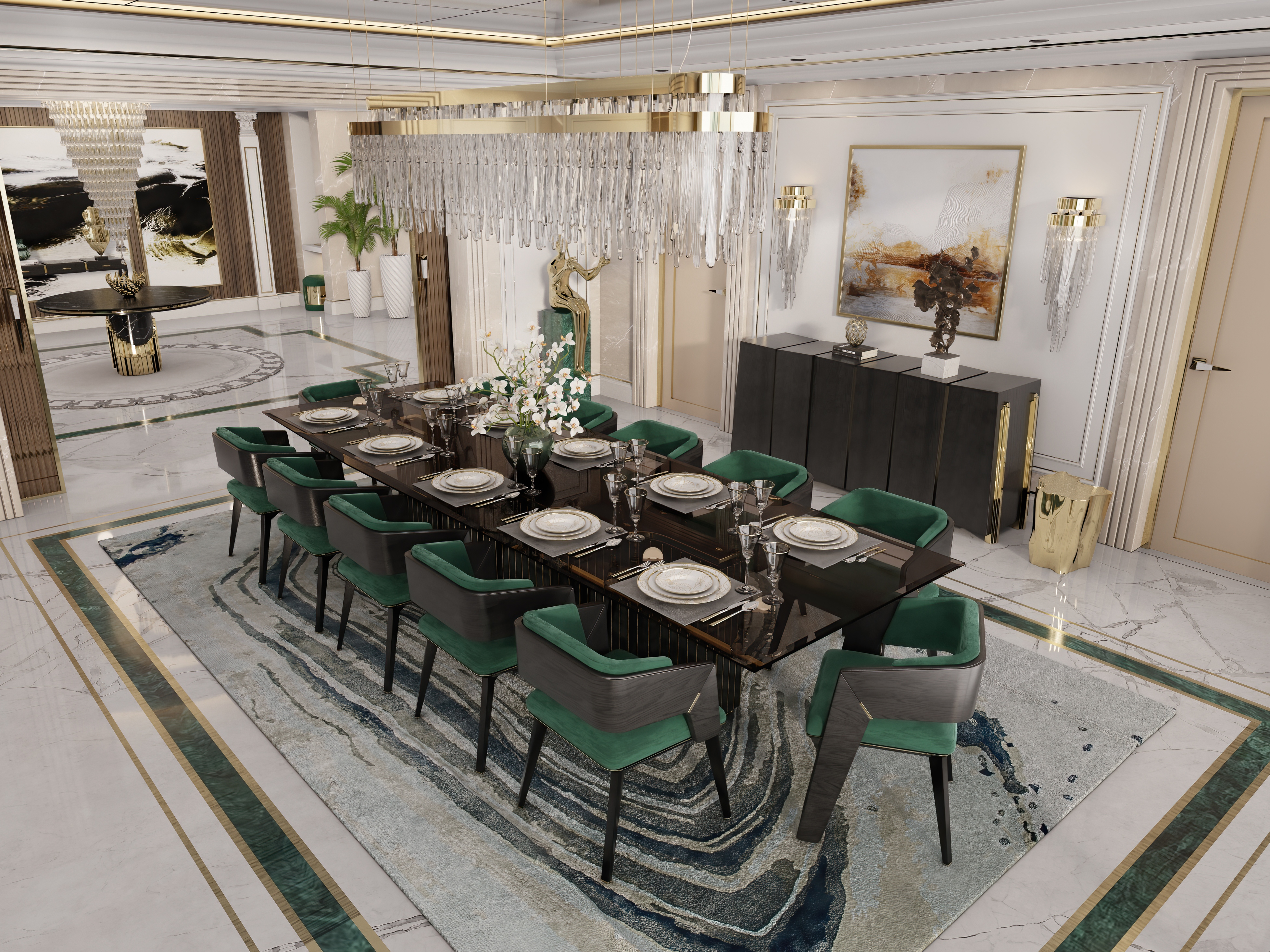 Sleek elegant Dining Room With Agatha&nbsp;Rug by Rug'Society