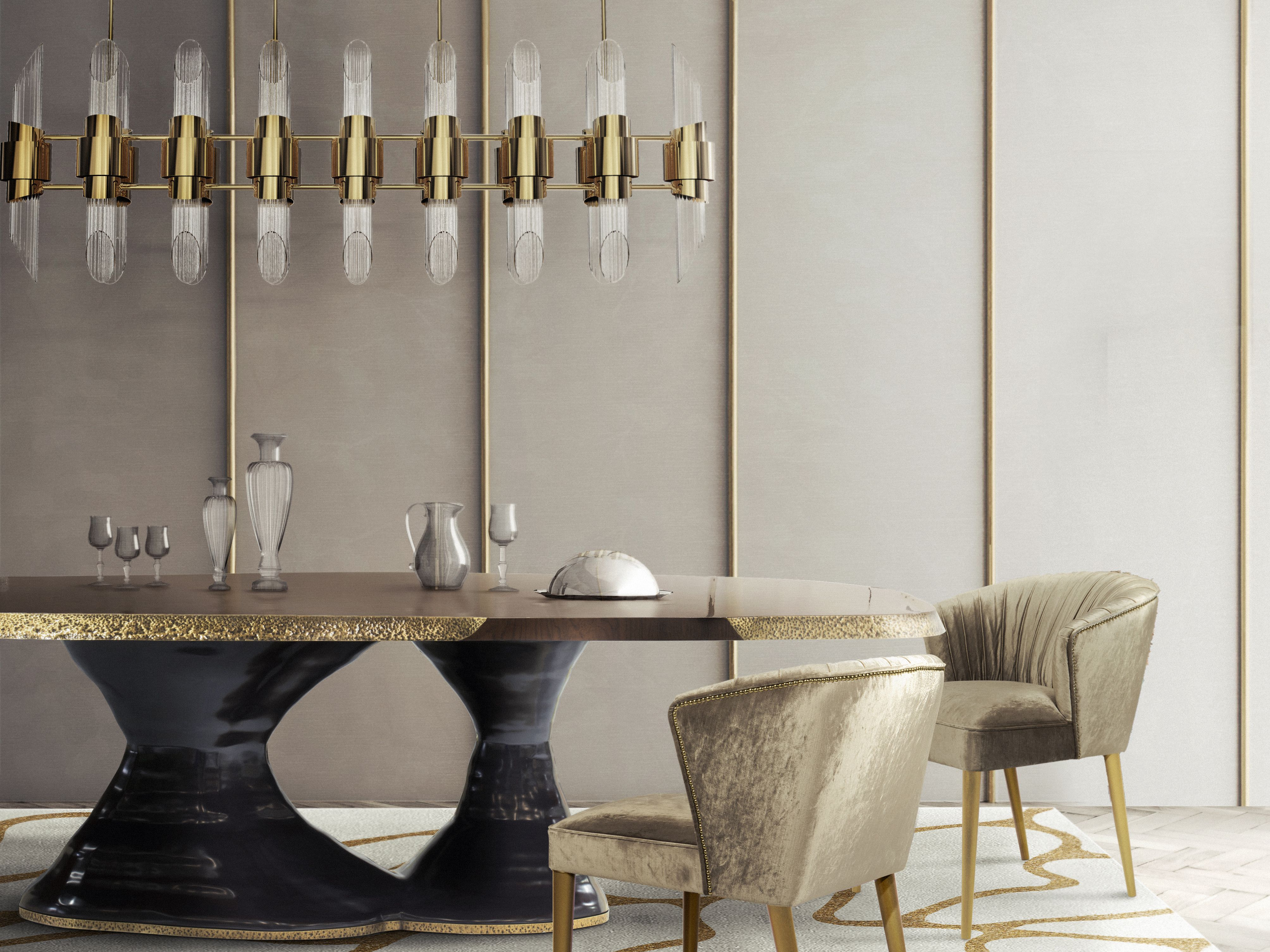Unique Neutral Colored Dining Room with Golden Hues and the Cell&nbsp;Rug by Rug'Society